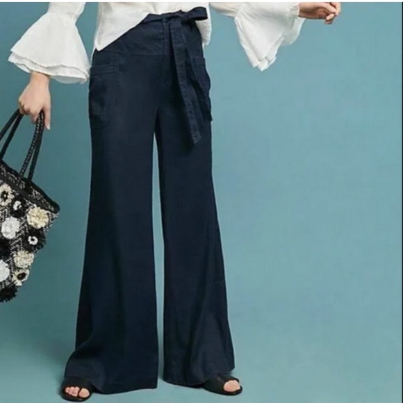 Anthropologie Pants - Anthropologie Tie-Waist Linen Wide Leg Belted Navy Blue Linen Trouser Pants